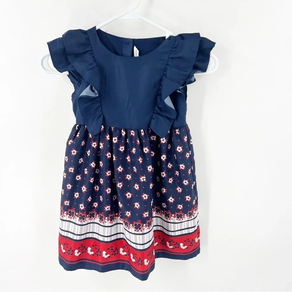 ✅ JANIE AND JACK FLORAL FLUTTER SLEEVE DRESS SIZE 5 NAVY/RED/WHITE‎